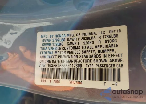 2015 Honda Civic Ex z USA, uszkodzony, nr VIN 19XFB2F85FE117800